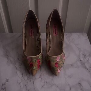 Betsey Johnson Floral Embroidered Heels - Pink and Green